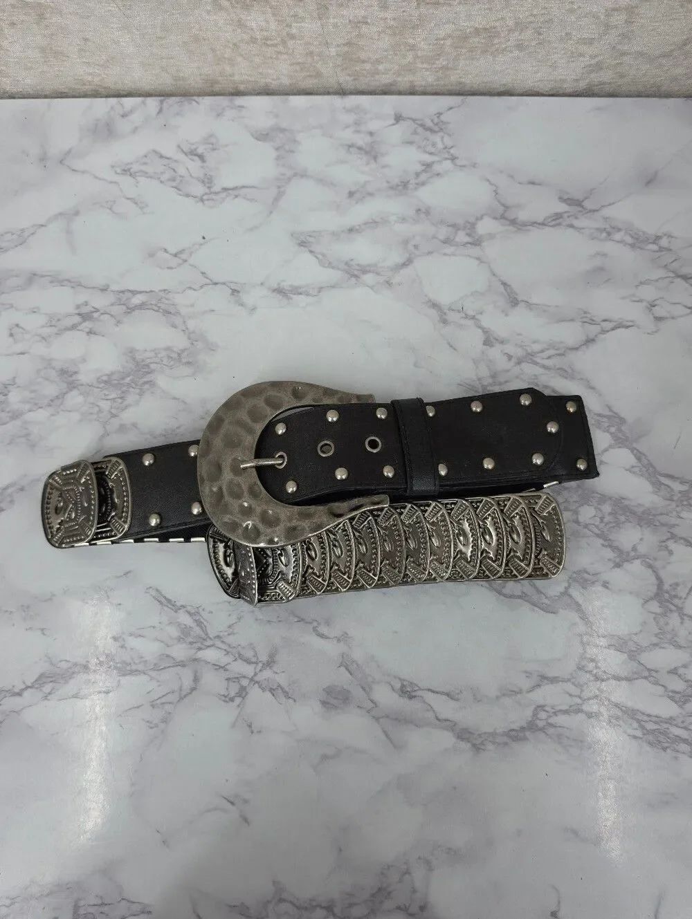 Black Stretch Belt Fishscale Oversized Hammered Metal Style Buckle Studded